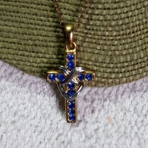 Goldtone silvertone blue crystal cross heart chain necklace Christian